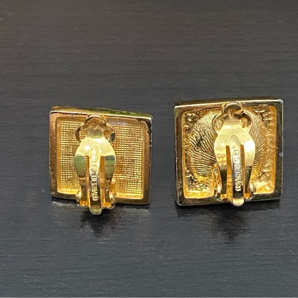 Vintage Signed LES BERNARD Designer Pearl Gold-tone Square Statement Earrings - Picture 7 of 14